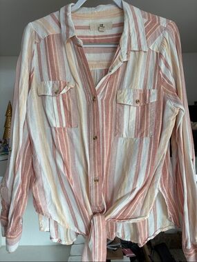 Thread & Supply Striped Button-Front Tie-Hem Blouse in Dusty Rose, Cream, Tan